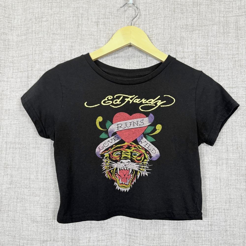 Ed Hardy Y2K Tiger Love Runs Wild Crop Top Baby Tee Black Size M Biker Grunge
